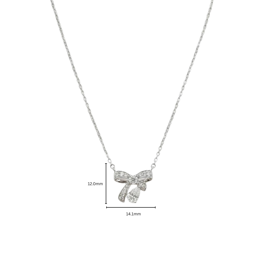 TDG 10K White Gold Diamond Bow Necklace with Pear-Cut Drop Pendant