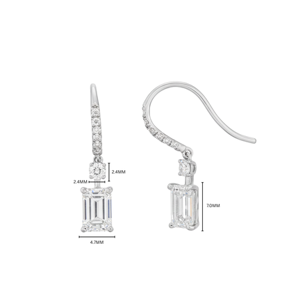 TDG 10K White Gold Pavé Hook Emerald Cut Diamond Drop Earrings