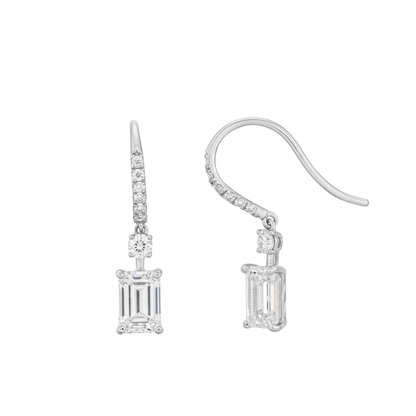 TDG 10K White Gold Pavé Hook Emerald Cut Diamond Drop Earrings