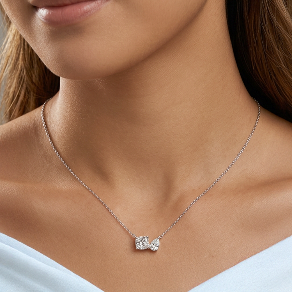 TDG 10K Gold Lab Grown Cushion & Pear Cut Diamond Toi et Moi Necklace – 2TCW±