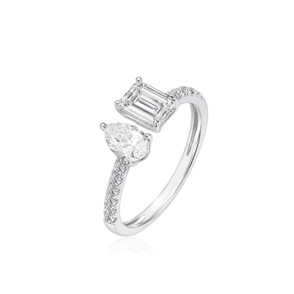 TDG 10K White Gold Lab Grown Diamond Pavé Emerald & Pear Cut Toi et Moi Ring