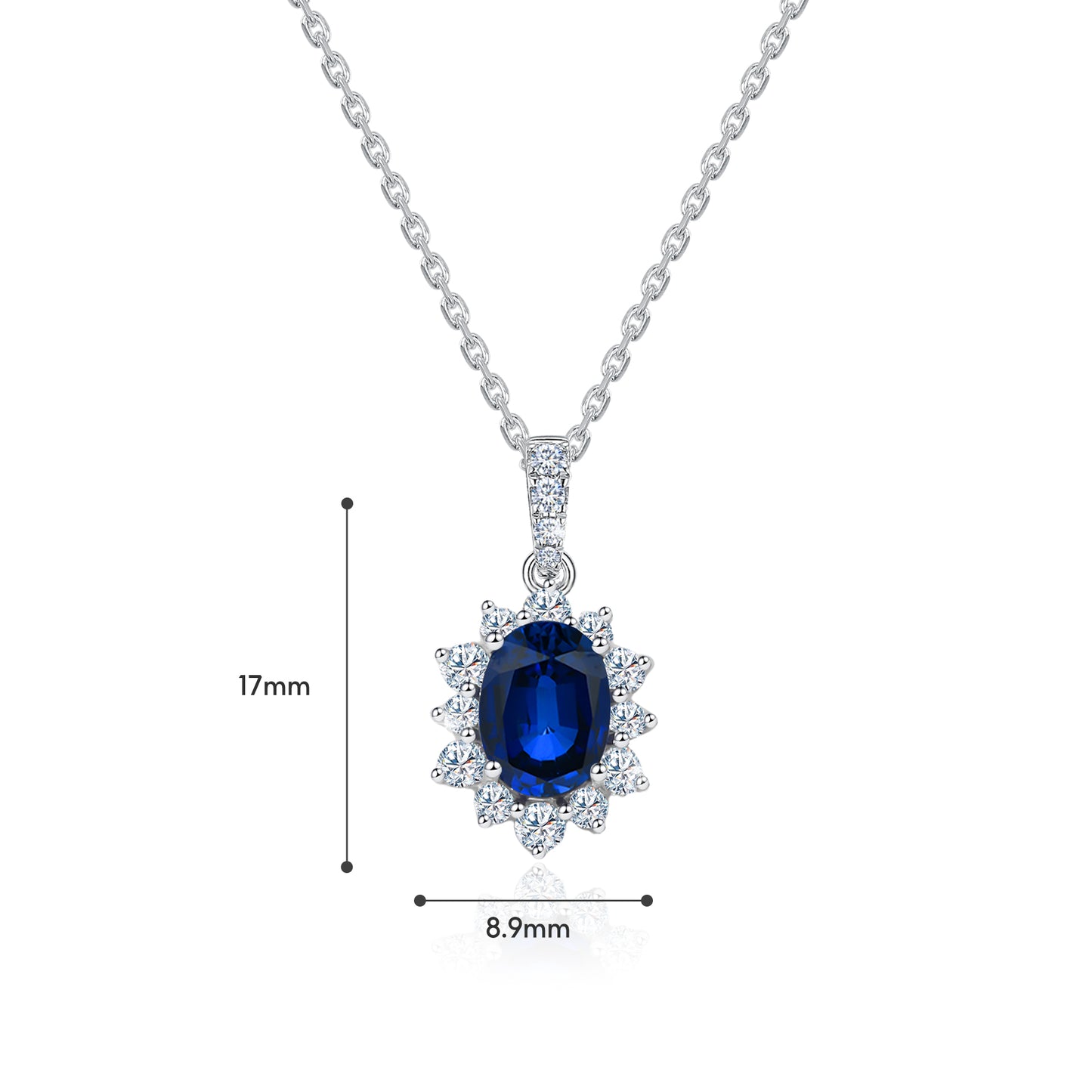 10K Gold Lab Grown Blue Sapphire Halo Paved Diamond Necklace