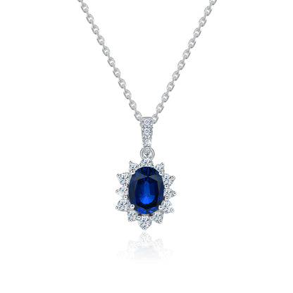 10K Gold Lab Grown Blue Sapphire Halo Paved Diamond Necklace